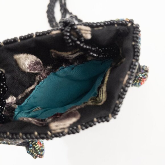 Beaded Velvet Black Floral Pouch Drawstring Formal Prom Event Tassle Rose Boho - Picture 3 of 3